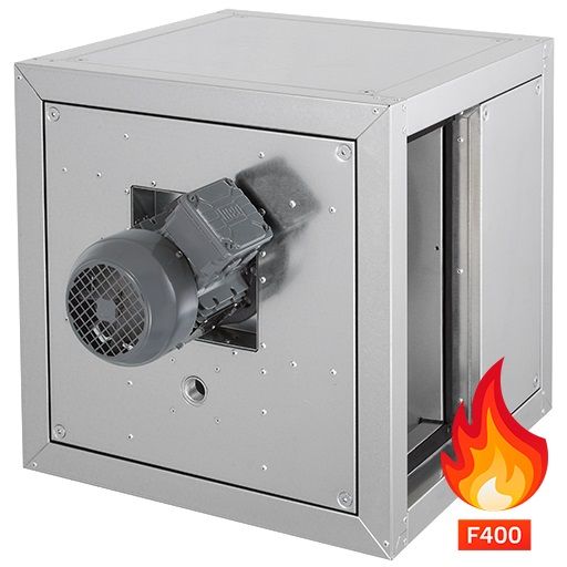 Kubische Brandgasventilatorbox für Küchenabluft, 200°C, 2.490m³/h, FU, horizontale Luftführung