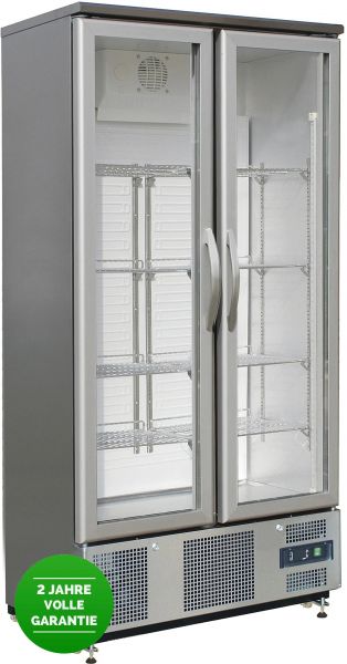Display Kühlschrank, Edelstahl, Glastüren, 490 Liter